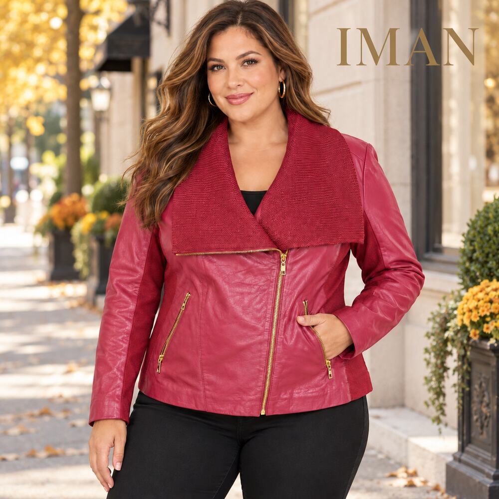 IMAN Genuine Leather Cranberry Moto Jacket Gold Zip XL